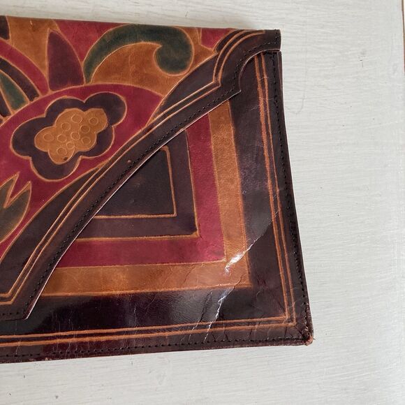 Larella Vintage Handmade Leather Clutch Hand Painted Indian Batik Indonesian - Picture 3 of 7
